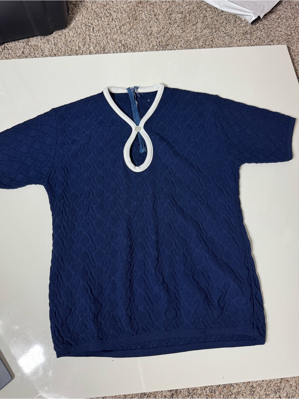 60/70s Navy Knit Short Sleeve Top with White Trim